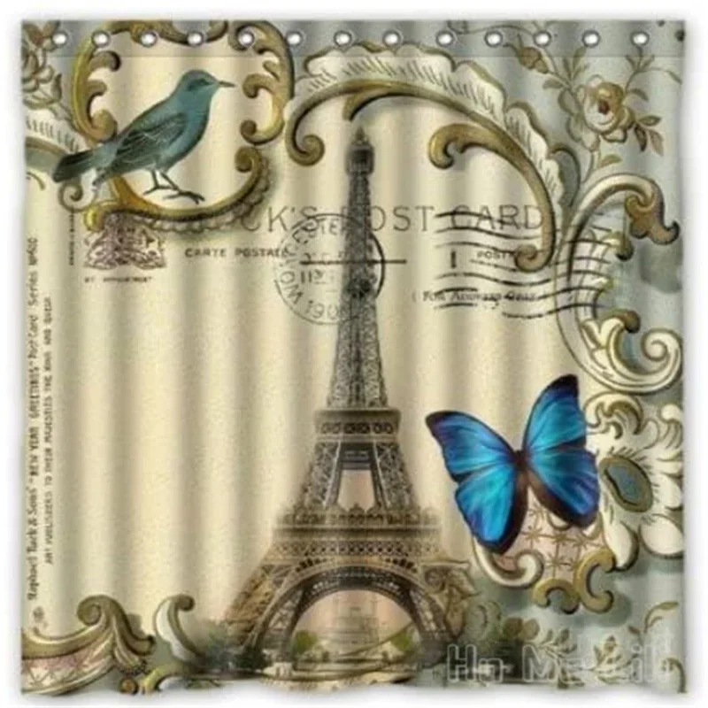 Fashion Blue Moth Eiffel Tower Waterproof Polyester By Ho Me Lili Shower Curtain For Bathroom Decor