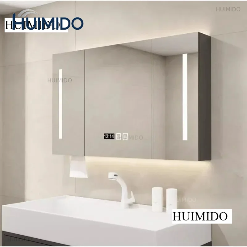Solid Wood Smart Bathroom Mirror Cabinet Separate Wall-mounted with Light Defogging Bathroom Dressing Mirror Storage Rack u