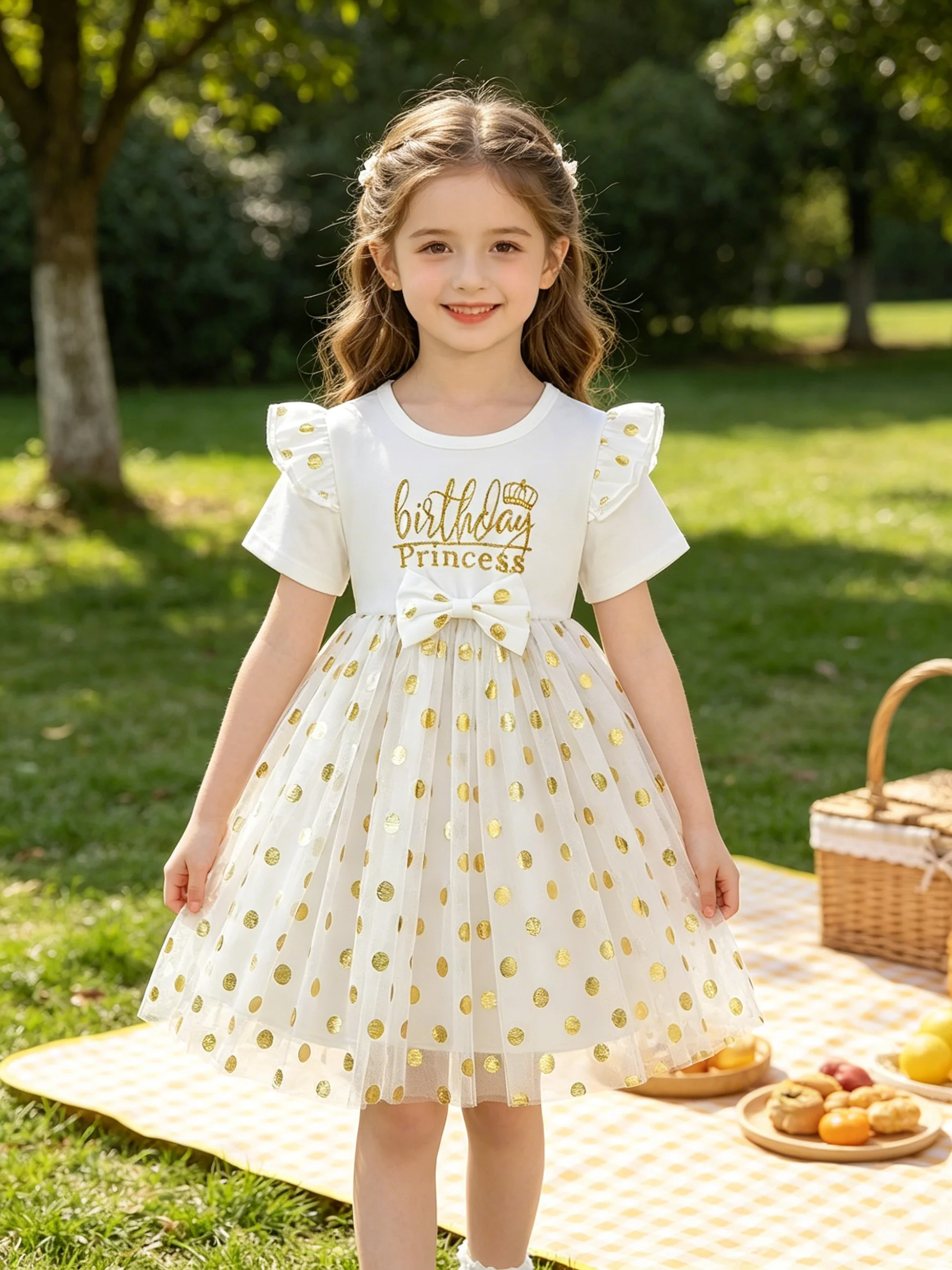 Girls Long A-Line Dress round Neck Letter Print Polka Dot Mesh Skirt Short Sleeve Lotus Leaf Bow Detail Children's Outfit