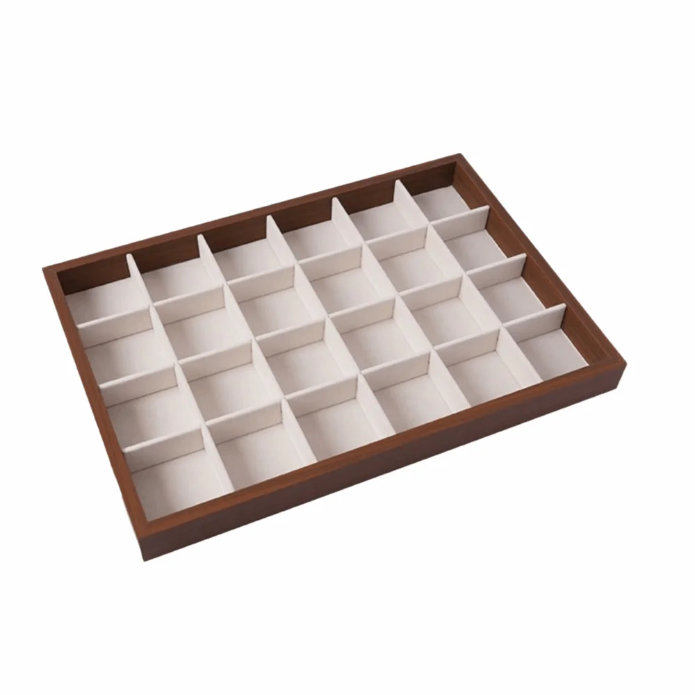 Wood Suede Cloth Jewelry Organizer Tray 24 Grids Brown White Jewelry Box Soft Lining Large Size Jewelry Display