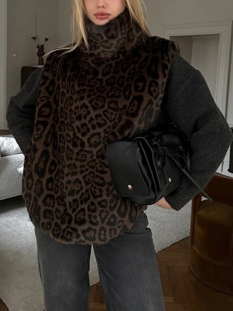 토시 패션 레오파드 프린팅 터틀넥 베스트 여성용 민소매 하이웨이스트 배색 스트리트웨어 크롭 탱크탑 베스트 신상품