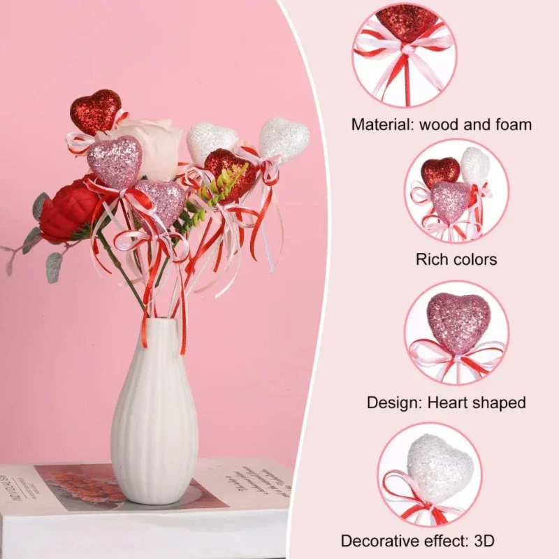10 Stück glitzernde Schaumstoff-Herz-Picks zum Valentinstag, Muttertag, Geburtstag, Party, Kuchendeckel, Vase, Dekor, Bastelbedarf