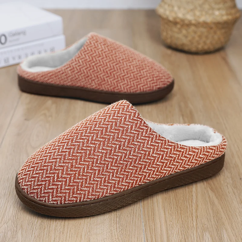 Winter Stripe Slippers Outdoor/Indoor House Shoes Women Men Slippers Cute Cozy Warm Plush Lining Slip-On Cotton Shoes Size 36-47