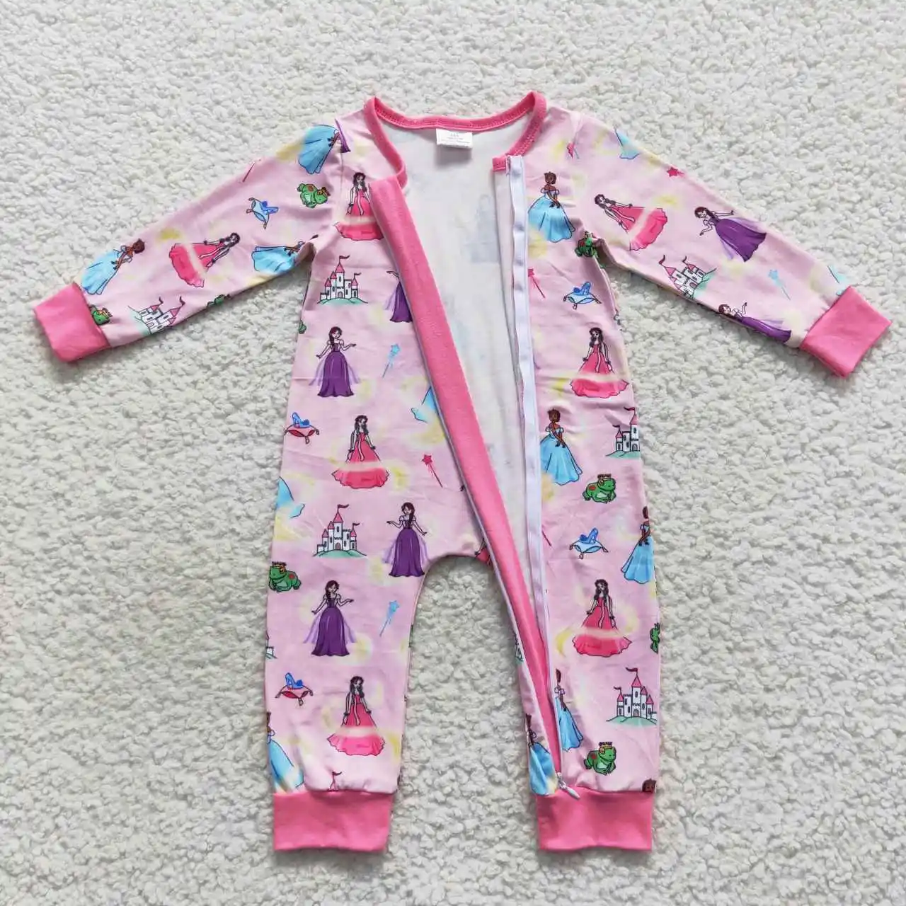 2​023 New Update RTS Newborn Pink Long Sleeve Bodysuits Baby Princess Zipper One-Pieces Toddler Girls Rompers