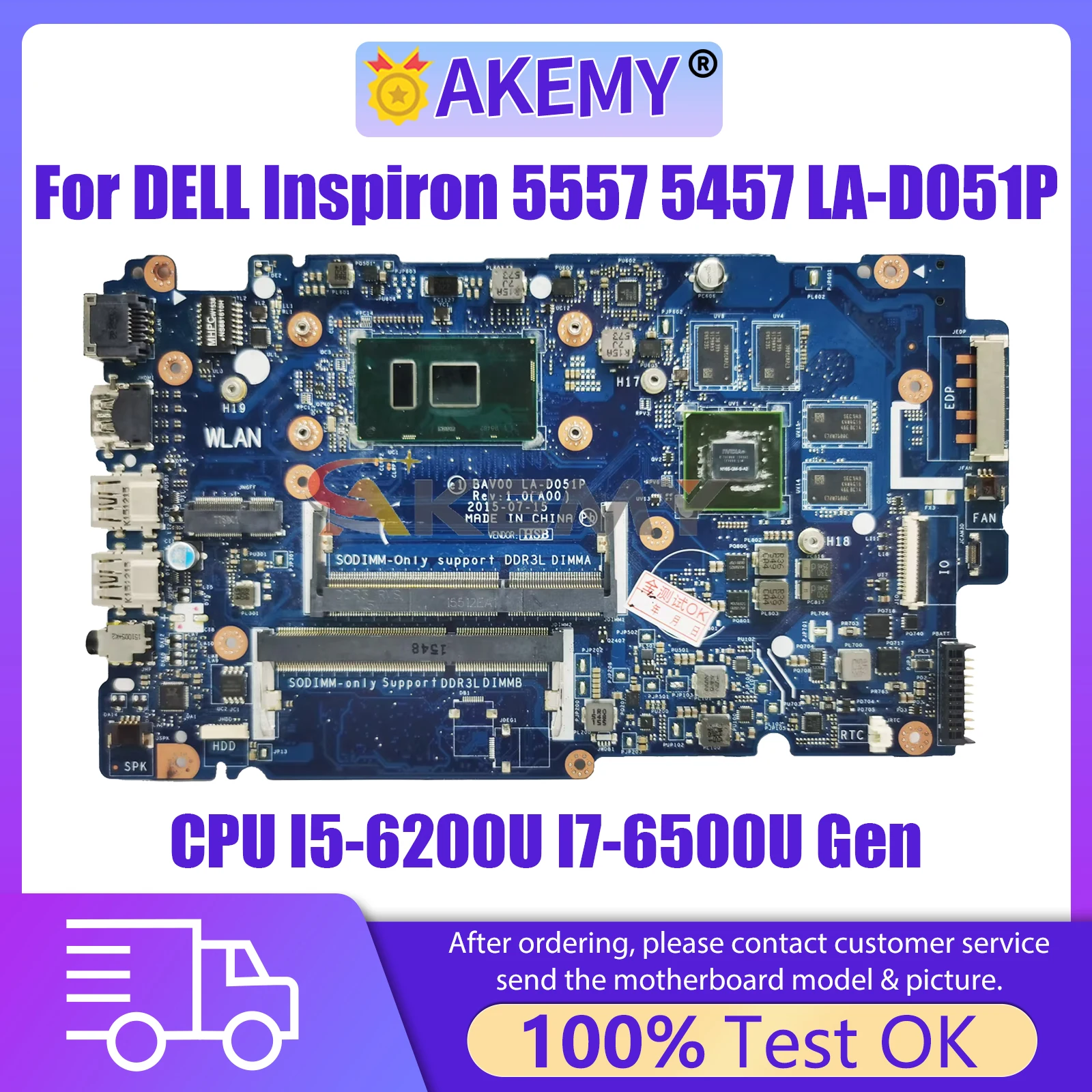 

AKEMY LA-D051P MainBoard For Dell inspiron 15 5557 14 5457 CN-02XPMY 0X9C7 Laptop Motherboard With CPU i5-6200U i7-6500U GT930M