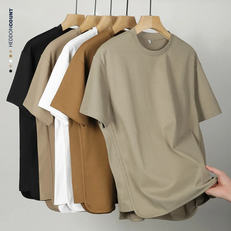 Men's Earth-colored Heavy Shoulder 230g Sports and Leisure Loose Split-ended Short-sleeved T-shirt Men's