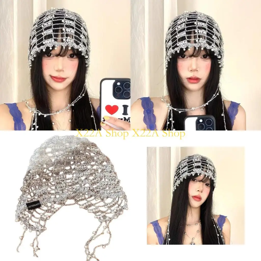 unique-stylish-openwork-crochet-slouch-hat-with-metallic-beads-chains-breathable-hat