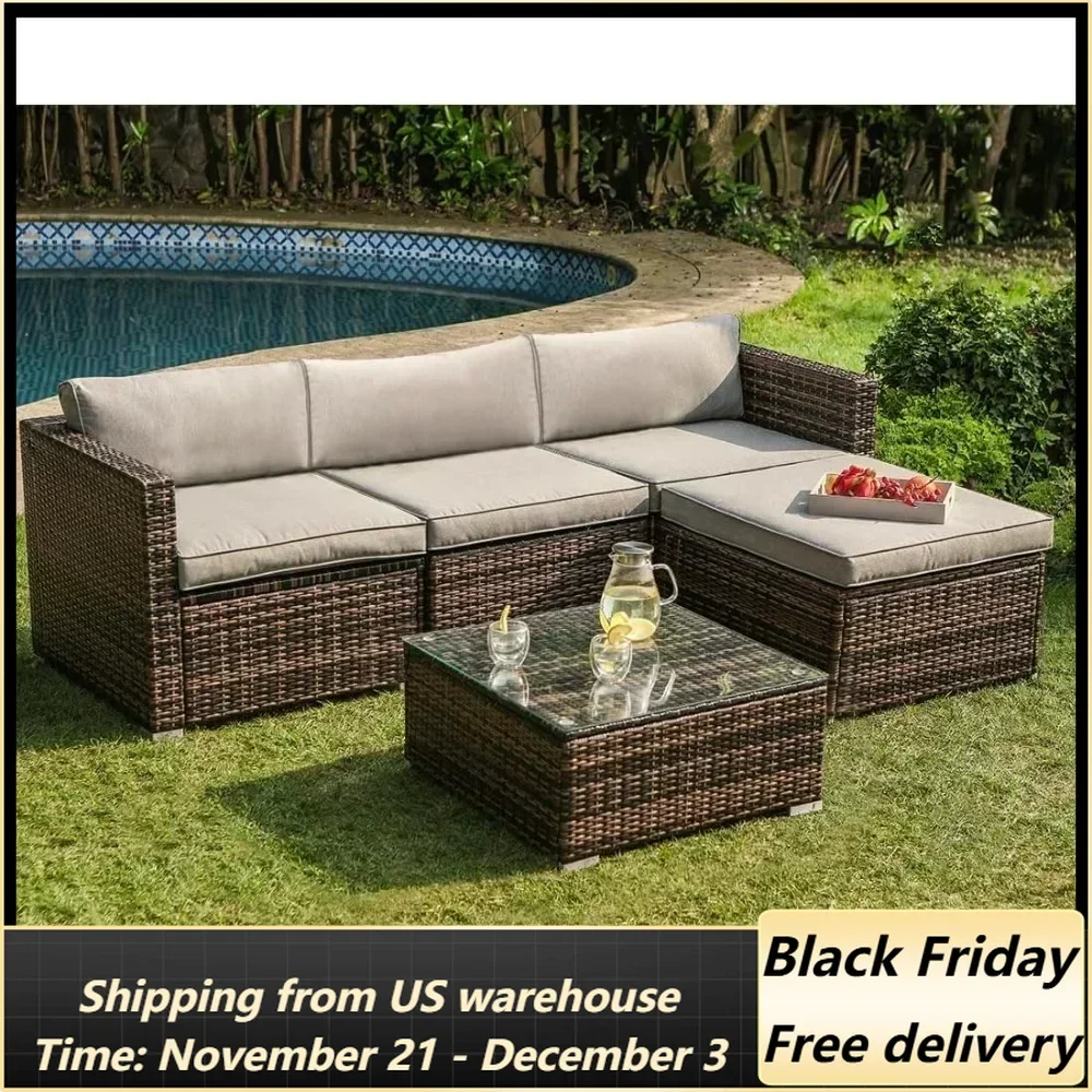

Outdoor Furniture All-Weather Brown Wicker Sectional Sofa W Warm Gray Thick Cushions, Glass-Top Coffee Table,Garden Sofas