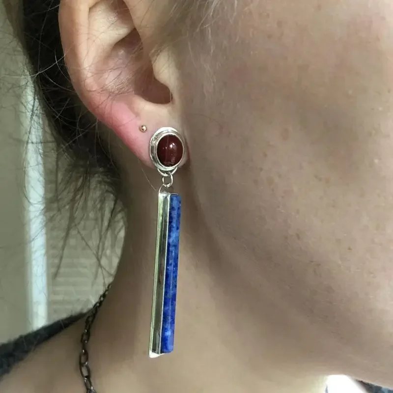 Ethnic Style Long Vertical Lapis Lazuli Drop Earrings Vintage Jewelry Handmade Round Red Stone Pendant Earrings for Women