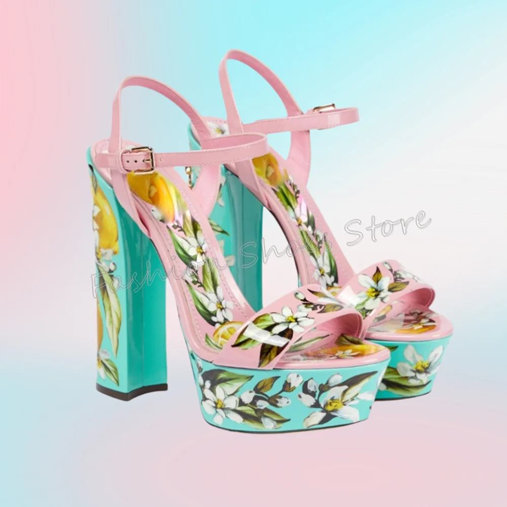 

Mixed Color Printing Platform Sandals Ankle Buckle Chunky High Heels Heel Shoes for Women Heels 2025 New Zapatos Para Mujere