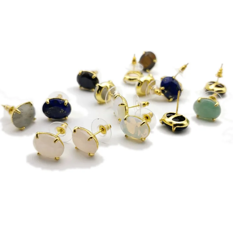 Ovale Ohrstecker in Goldfarbe mit Natursteinen, facettiertem rosa Quarz, Kristall-Achat, Lapislazuli, Heilschmuck für Damen – Detail 2