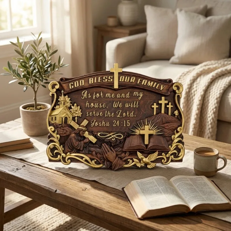 High Quality Wooden Religious Wall Plaque God Bless Our Family Carved Relief Wall Art Joshua Bible Verse Home Decor