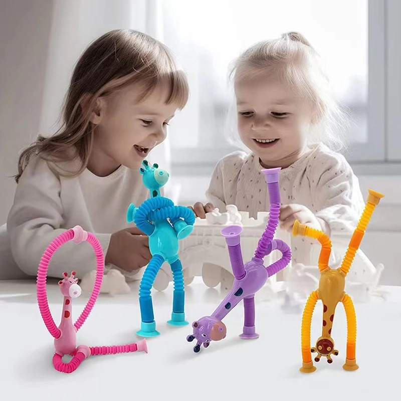 Suction Cup Giraffe Robot Toys Cartoon Parent-child Interactive Various Shapes Stretch Tube Decompression Toy With Light for Kid