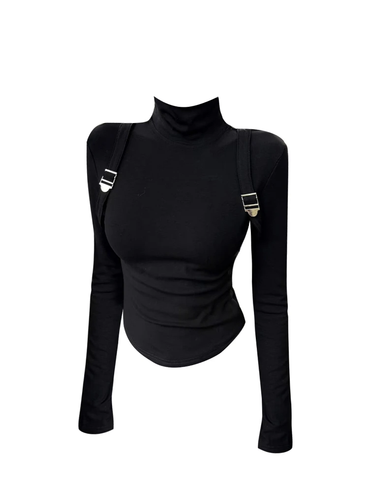 

Long Sleeve T-Shirt Women's Spring Summer Slim Fit American Semi-turtleneck Shoulder Pad Shaved Waist Skinny Bottom Shirt Top