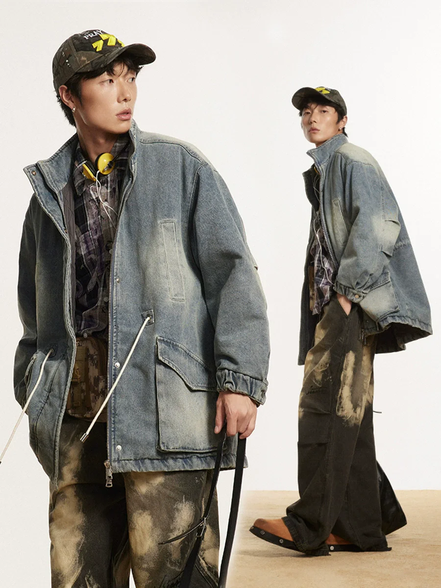 

Винтажная рабочая джинсовая куртка из хлопка средней длины в американском ретро-стиле для мужчин, теплая зимняя верхняя одежда, уличный модный бренд