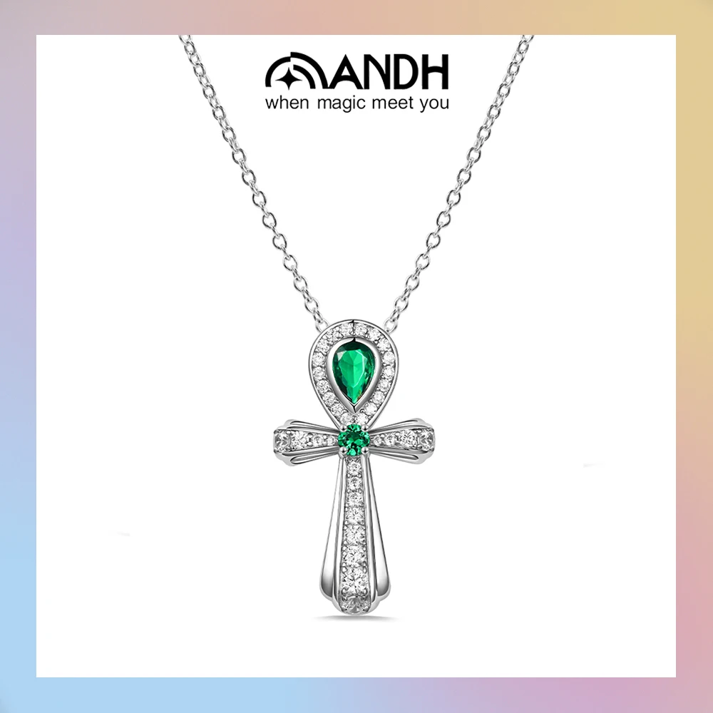 

ANDH культивировать изумрудное муассанитовое ожерелье с крестом для женщин, стерлинговое серебро 925 пробы, лабораторные драгоценные камни, ювелирные изделия в стиле хип-хоп, подарки