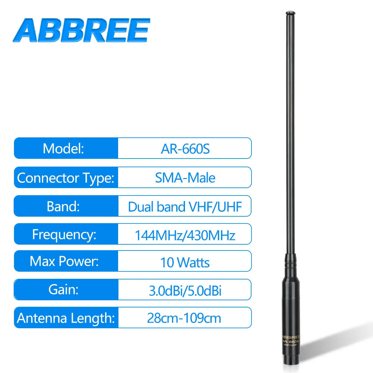 ABBREE AR-660S SMA-Male Telescopic Extendable Antenna for Walkie Talkie Dual Band 144/430MHz for YAESU Vertex TYT Wouxun Radios