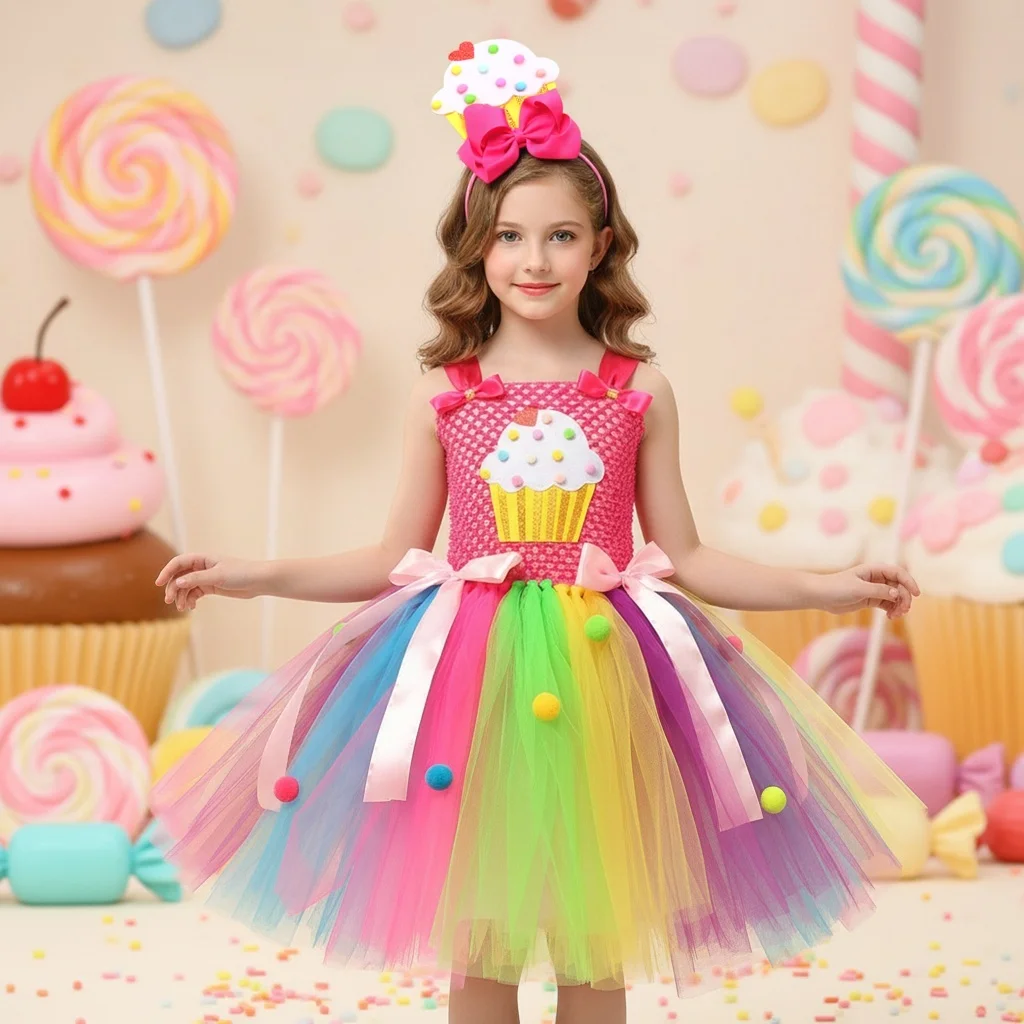 Girls Purim Carnival Candy Lollipop Costume Cupcake Girls Birthday Party Tutu Princess Dress Sweet Candyland Rainbow Ball Gowns image 2