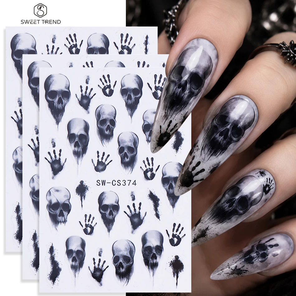3 Stück Horror Gothic Halloween Nagelaufkleber Schwarzer Totenkopf Blutiger Handabdruck Selbstklebende Nagelsticker Punk-Stil Maniküre-Dekoration