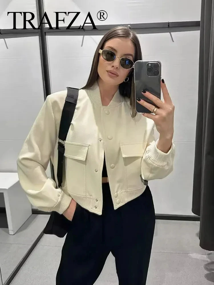 TRAFZA 2024 Woman Solid Bomber Jacket Long Sleeves Loose Single Breasted Cardigan Female Commute Streetwear Women\'s New In Coat