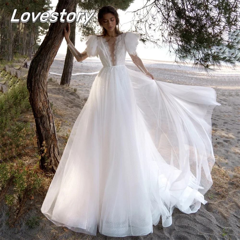 

Charming Boho A-Line Wedding Dresses V Neck Bride Robes Sexy Illusion Beading Bridal Gowns Long Sleeves Lace Vestidos De Noiva