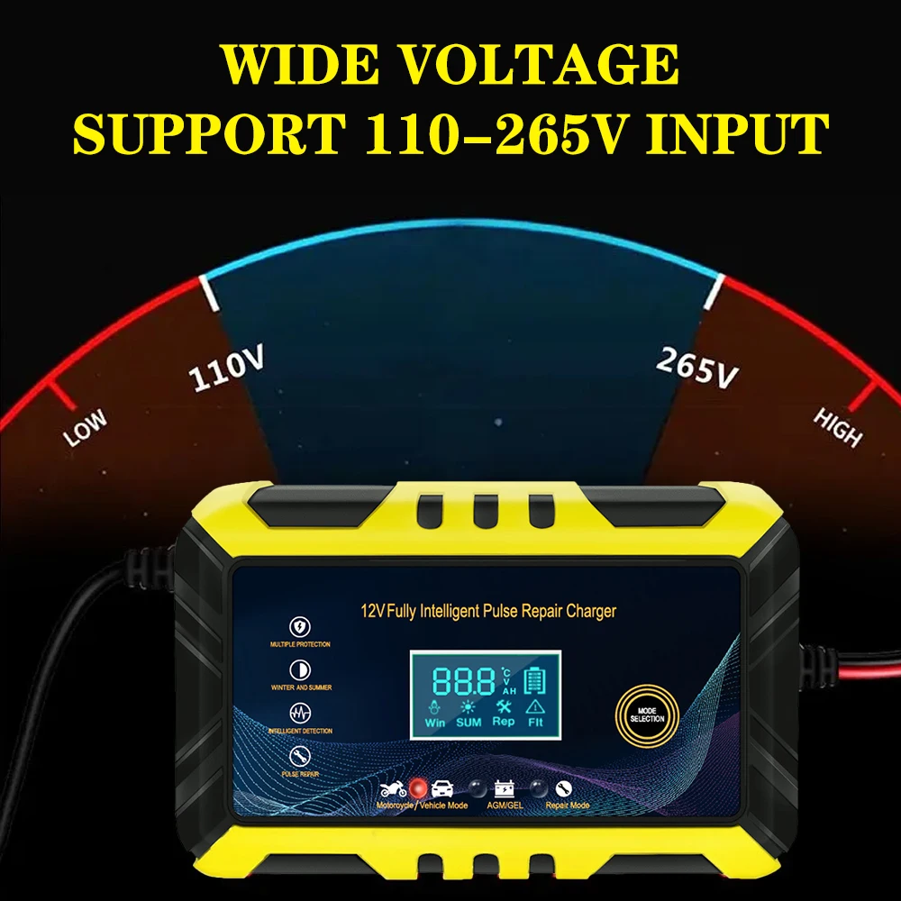 Inteligent Detection For Lead Acid Battery 100V/240V Input 12V 6A Car Battery Chargers 90W Pulse Repair Universal