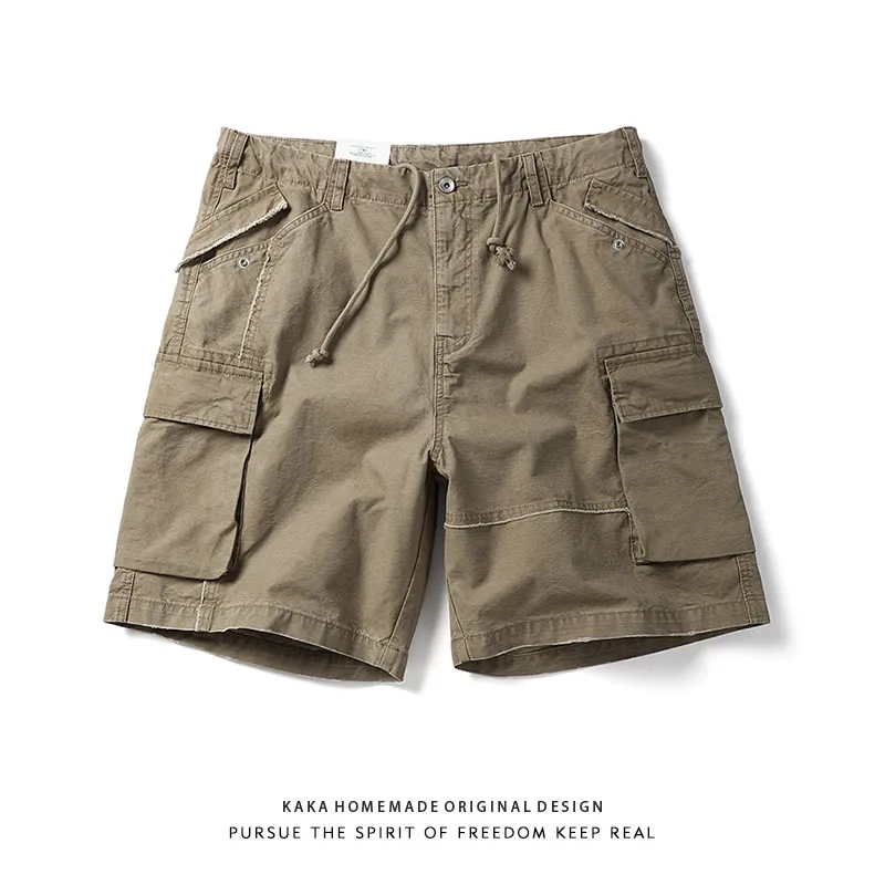 

Японская функциональная рабочая одежда с несколькими карманами в стиле ретро, мужские модные брендовые летние свободные широкие брюки из чистого хлопка с завязками