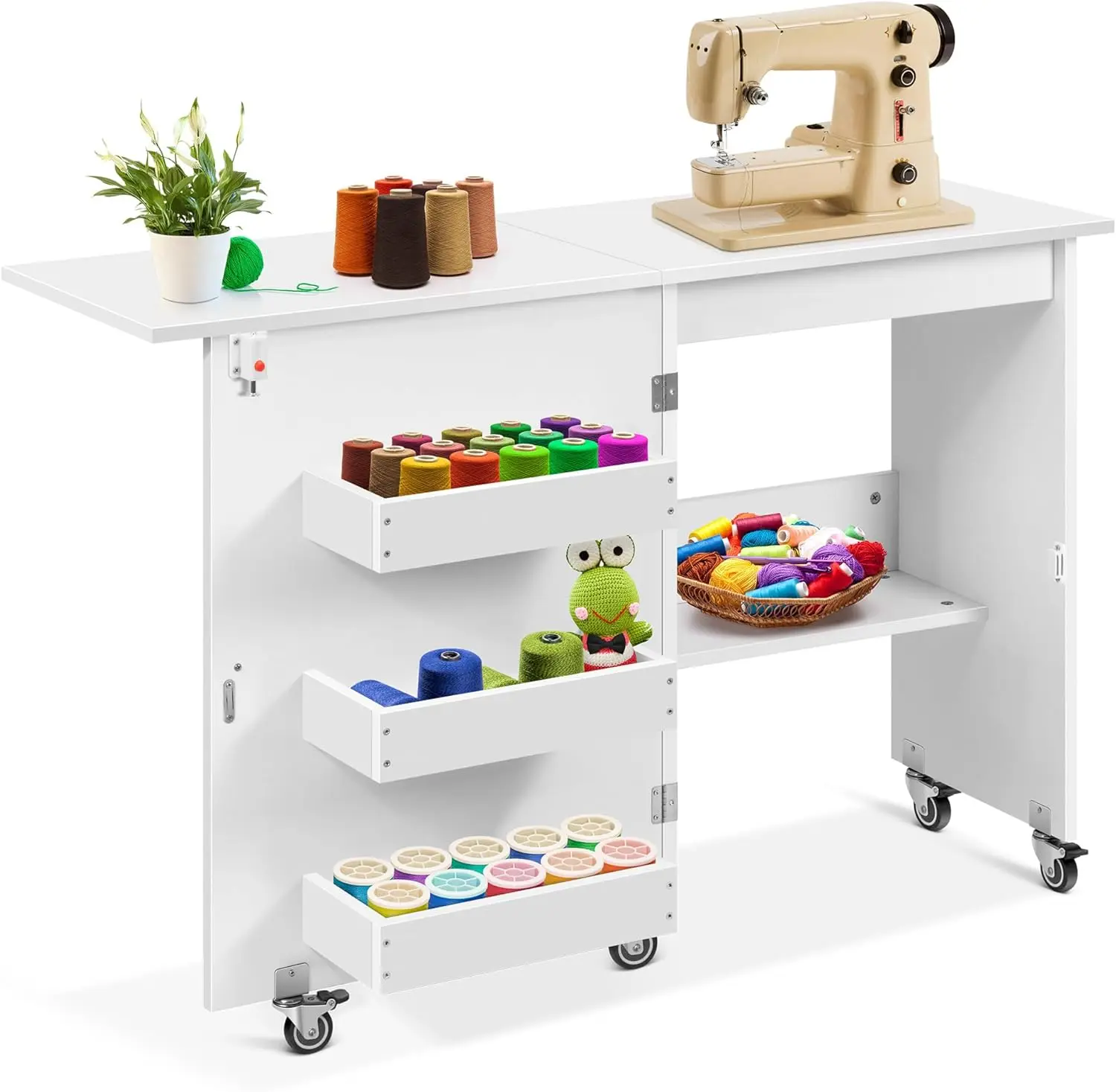 

Foldable Sewing Craft Table with Rolling Desk, Storage Shelves and Lift for Small Spaces in White