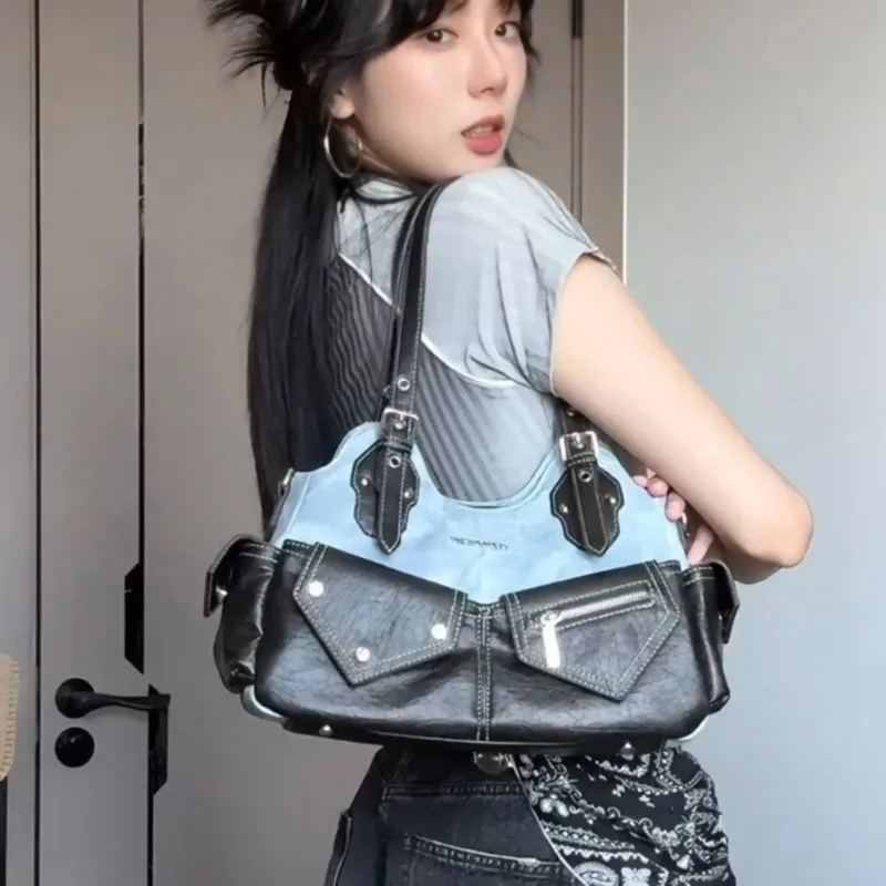 

JIAERDI Retro Harajuku Color Block Denim Tote Bag Women Patchwork Large Capacity Shoulder Bag Ladies Hot Girl Rivet Underarm Bag