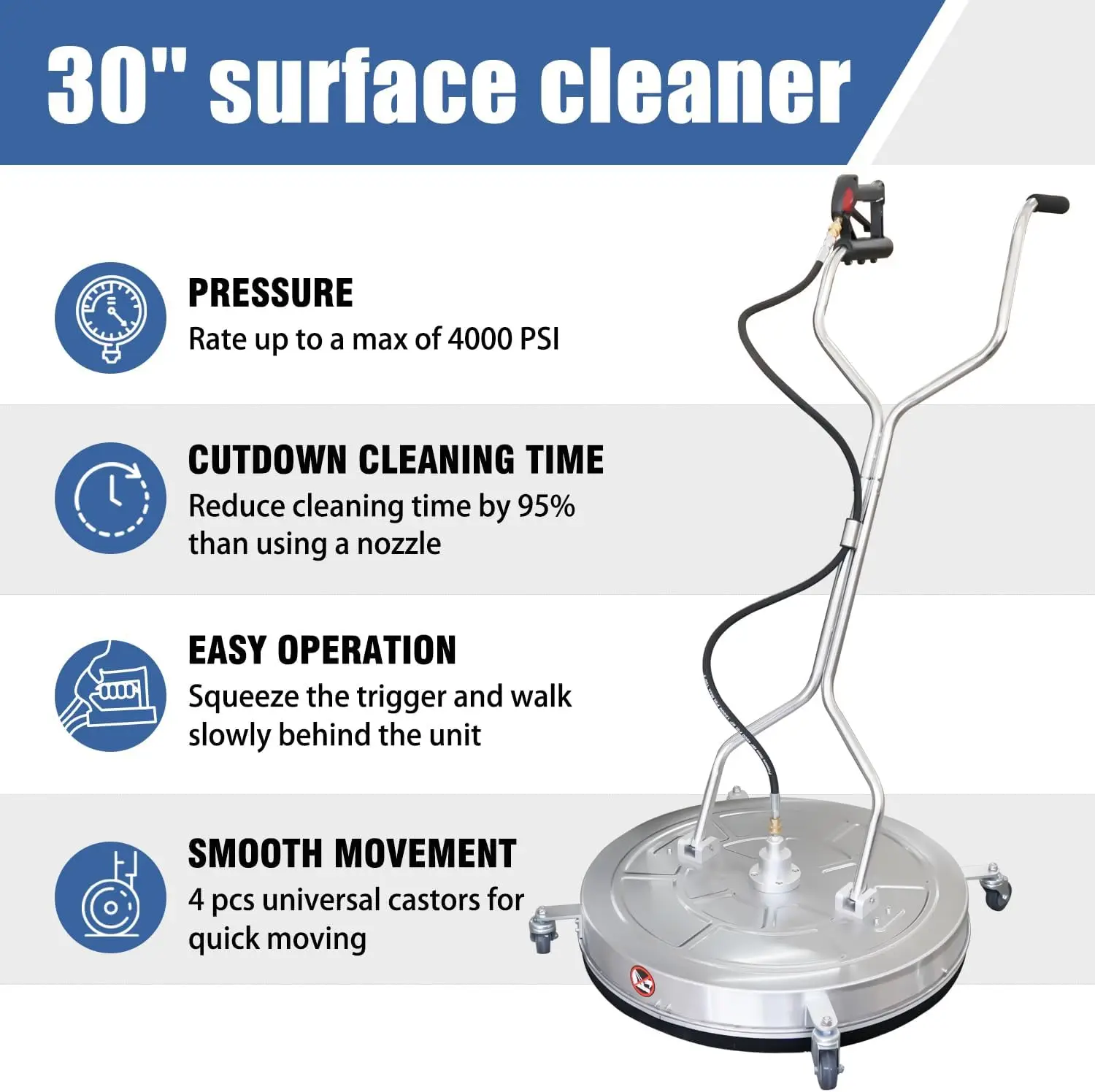 30''  Pressure Washer Surface Cleaner with 4 Wheels,Dual Handle,Stainless Steel Housing, 2 Hose Adapters and 4 Replacement