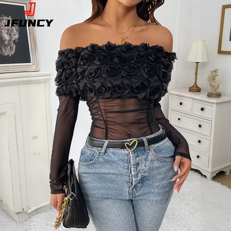 

2025 Новые вечерние комбинезоны с открытыми плечами для женщин, черные сексуальные комбинезоны с длинными рукавами, женские прозрачные сетчатые облегающие комбинезоны с 3D цветочным принтом