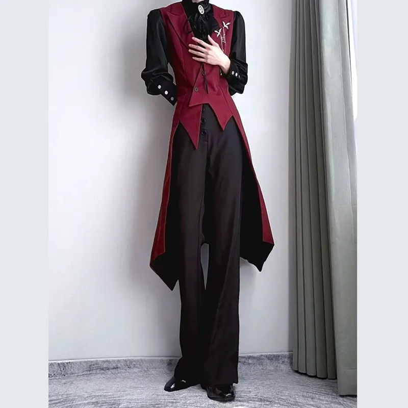 Red Suit Uniform, Lapel Collar, Swallow Tail, Long Vest, Men's Slim Waist, Long Vest Jacket