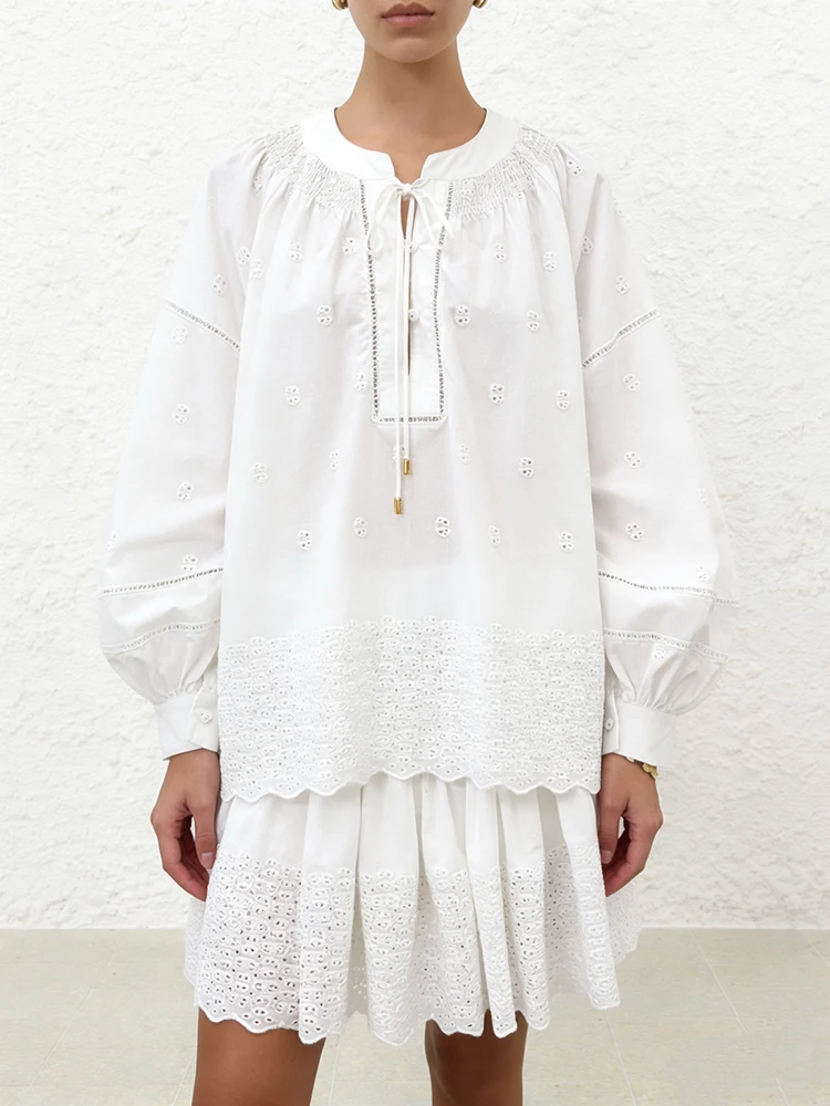 

Spring Summer Fashion White Simplicity Thin Style Casual Short Skirt Suit Women's O-Neck Lantern Sleeve Tops + Slim A-Line Skirt