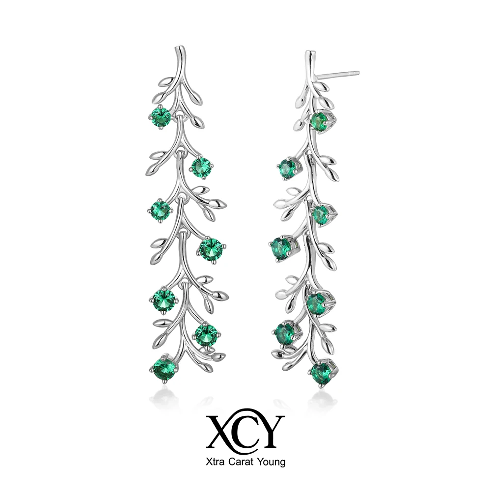 XCY 50MM Lab-grown Emeralds Drop Earrings Sterling Silver Branch-shaped Elegant Dangle Earrings Wedding Party Jewelry for Women
