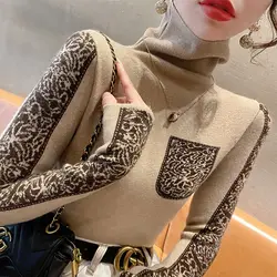 Suéter de cuello alto para mujer, ropa interior de manga larga con estampado, Tops de punto con bloqueo de Color, otoño e invierno, 2023