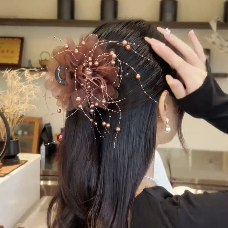 

Temperament Pearl Tassels Headwear Fashion Mesh Flower Hair Claw Women Shark Ponytail Clip Headdress