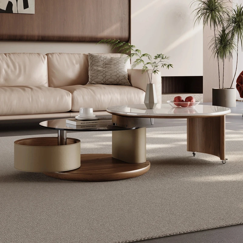 Ancient style rotating coffee table in the living room Household small microcrystalline stone glass Round light luxury highsense