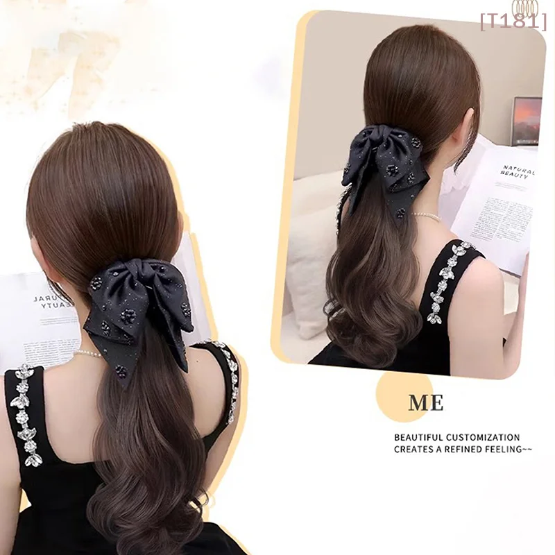 

[E] Synthetic Wigs Simulated Ribbon Bowknot Puffy Curly Grab Clip Ponytail Wig Women Headwear Extensions 40CM