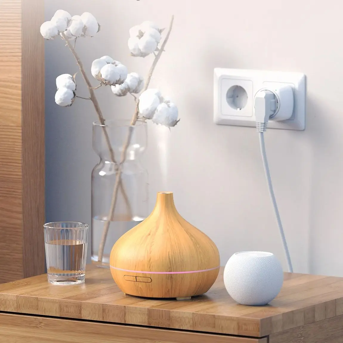 Meross-difusor de aceite esencial de madera, Control de voz inteligente con humidificador de aire, WiFi, para dormitorio, plantas domésticas,