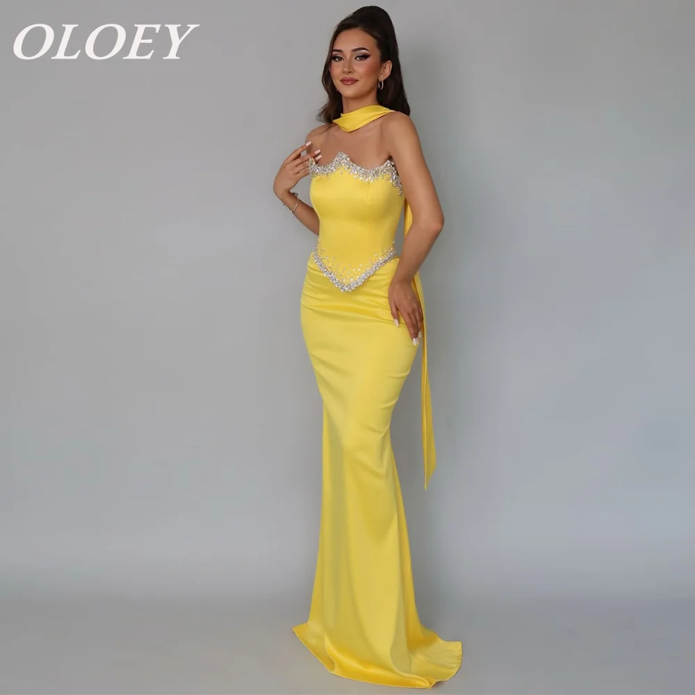 OLOEY Роскошное желтое вечернее платье русалки с бисером и шарфом, шелковое атласное платье длиной до пола, свадебное платье для выпускного вечера по индивидуальному заказу