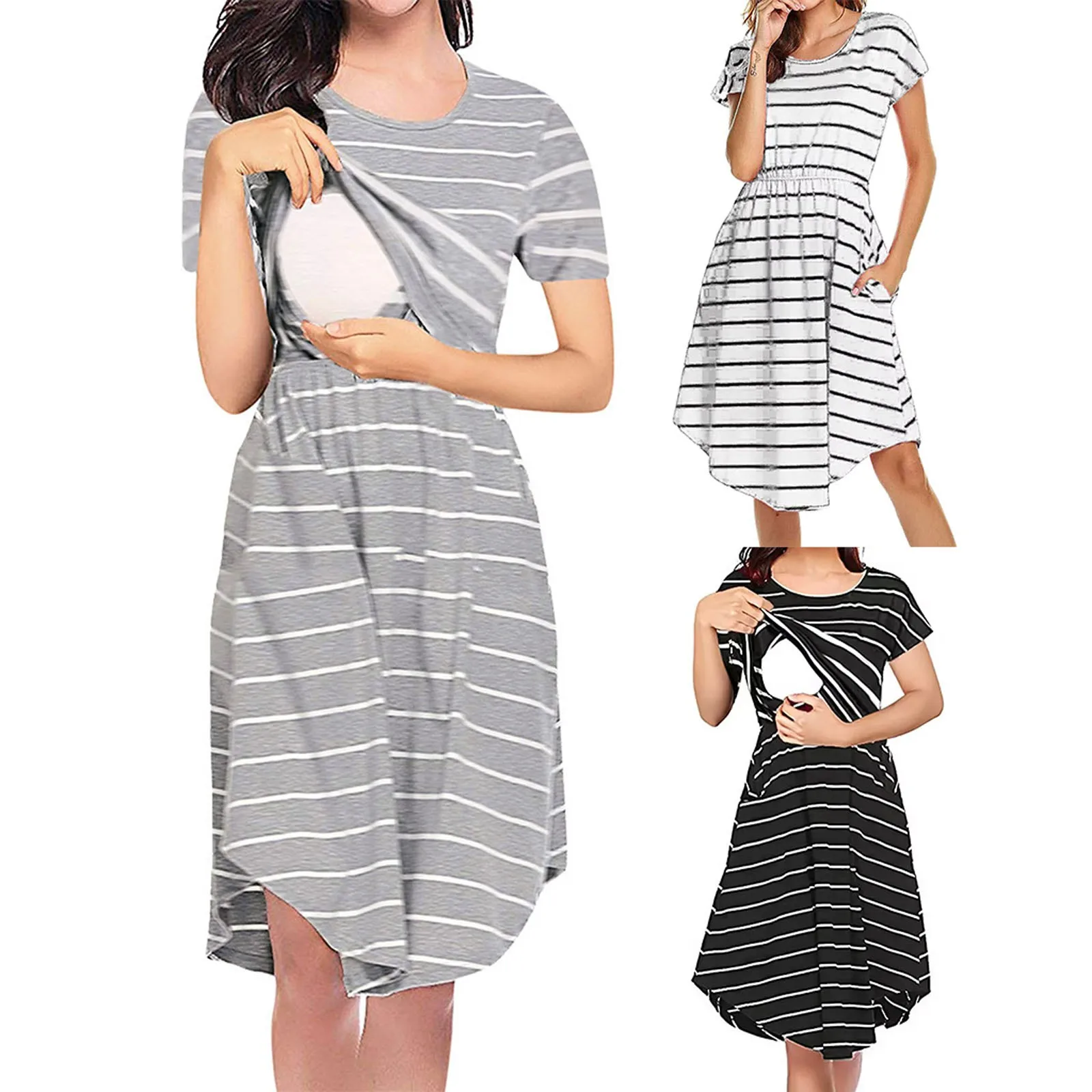 

New Ladies Maternity Care Striped Summer Dress Maternity Pajamas Multifunctional Mother Breastfeeding Patchwork Dress Vestidos