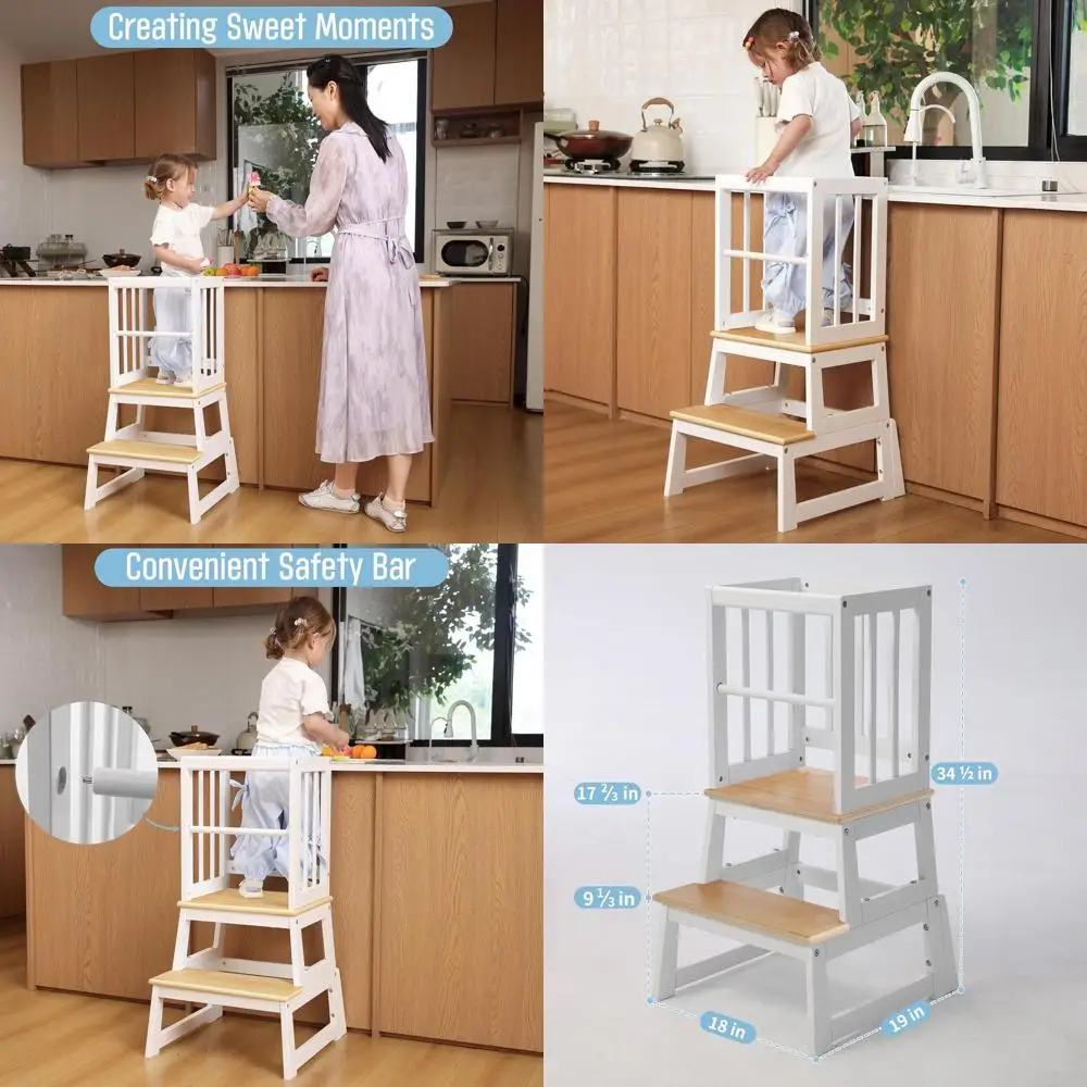 

Toddler Learning Step Stool, 2025 Upgrade with Anti-tip and Safety Bar, Stable & Secure - White Natural