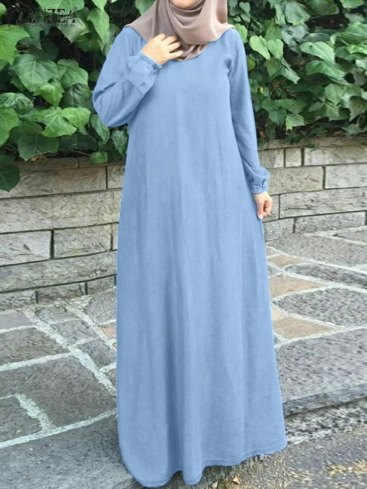 ZANZEA Women Casual Long Sleeve Loose Kaftan Muslim Abaya Hijab Dress IsIamic Robe Vestidos Ramadan Turkey Sundress Eid Mubarek