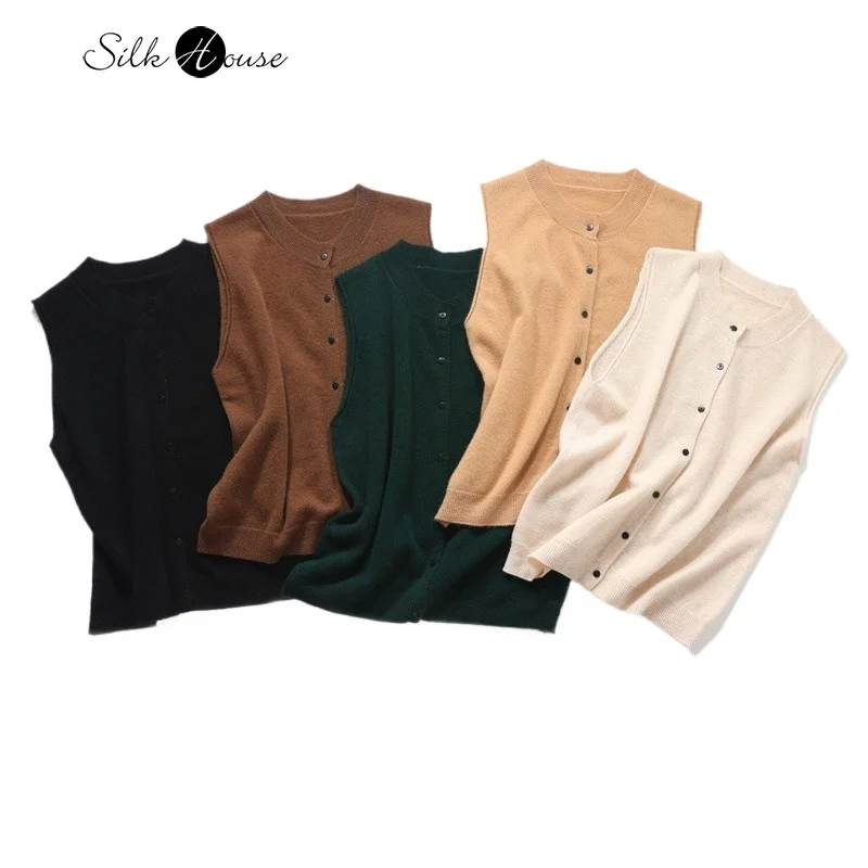 Women's Autumn and Winter New Style Artistic Retro Style Solid Color Button Round Neck 100% Wool Knitted Sweater Buckle Vest