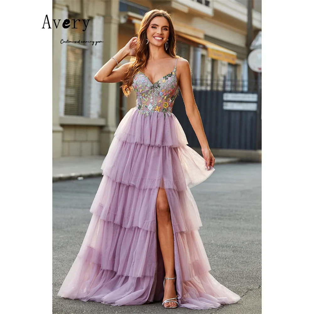 

Avery Custom A Line Purple Flower Spaghetti Straps Women's Wedding Evening Dress for Event Party Long Dress 2026 Woman Dresses