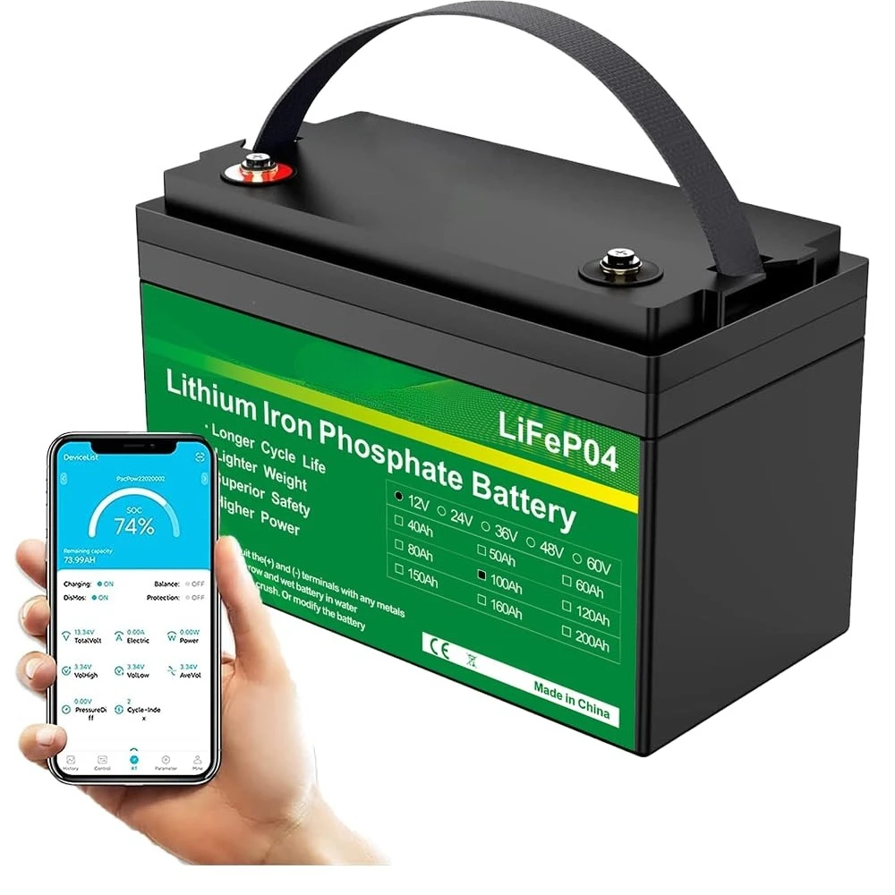 

12V 100Ah LiFePO4 Lithium Battery, Bluetooth Lithium Battery, 100A BMS,Up to 15000 Cycles,1280Wh Energy with 10, Customized