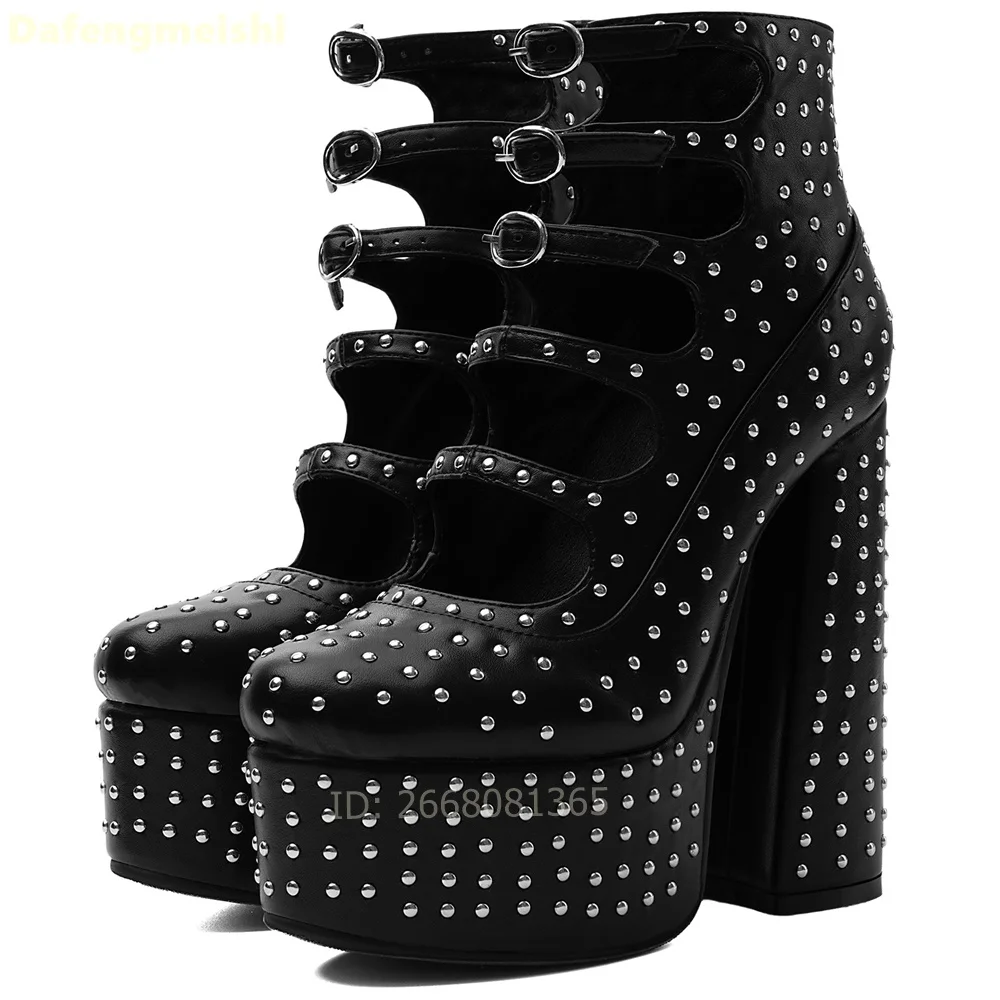 Black Leather Full Silver Rivet Hollow Ankle Boots Multi Buckle Straps Round Toe Platform Chunky Women Gothic Summer Boots
