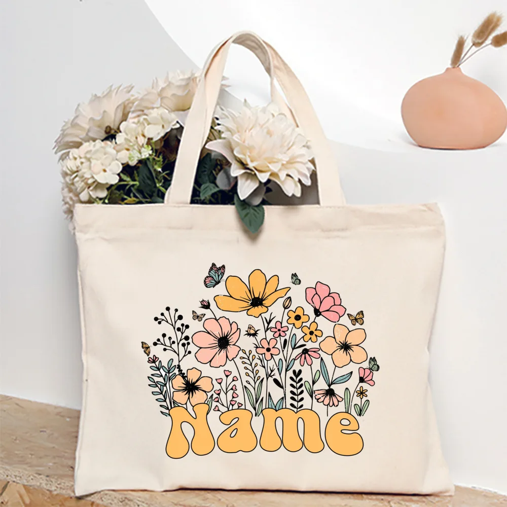 Personalized Flower with Name Tote Bag Women Canvas Shoulder Bags Monogram Shopping Bag Handbags Birthday Wedding Gifts For Her