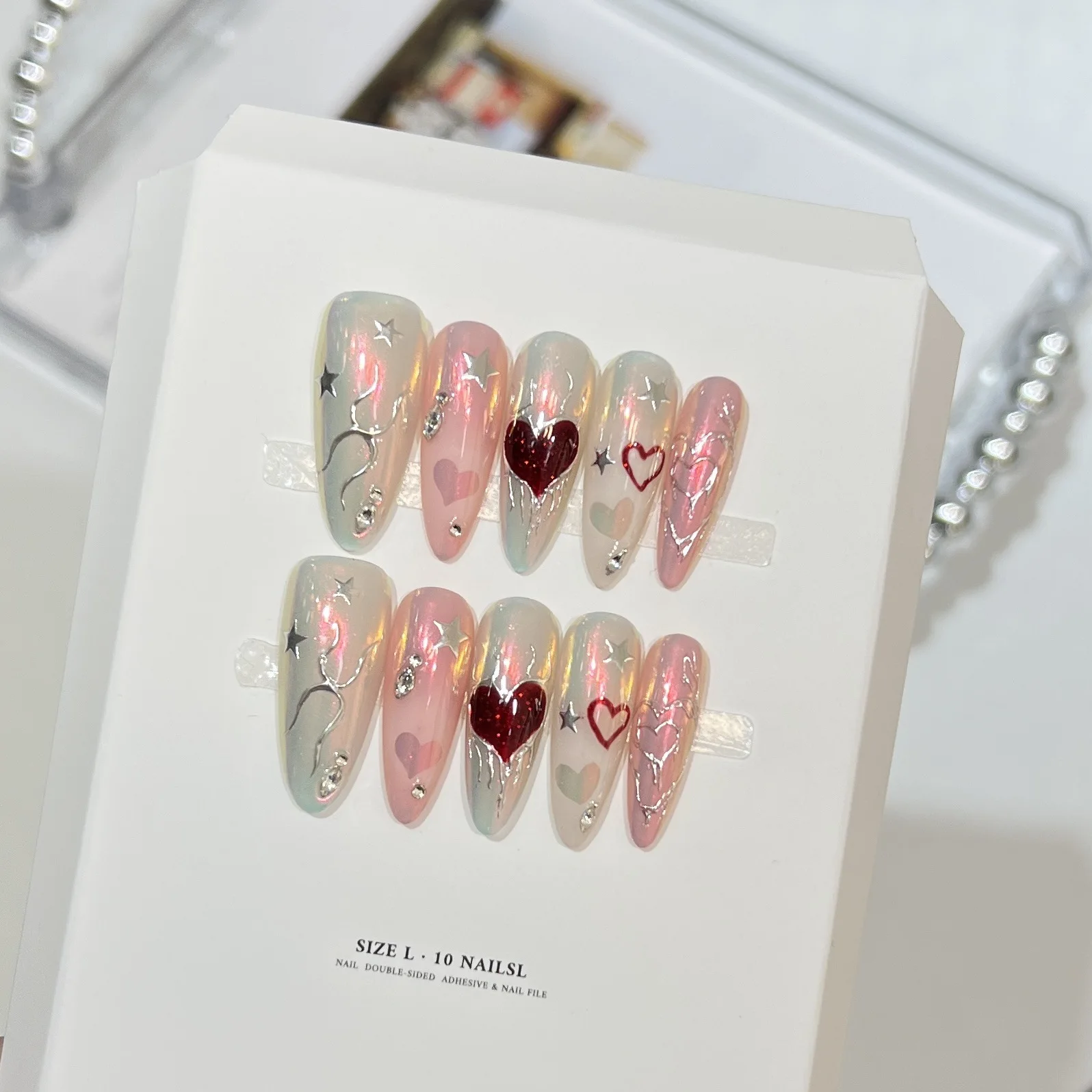 10pcs Handmade Long Oval Y2K Press on Nails Hand-painted Heart Aurora Silver Heart Design Sweet Cool Wearable Nails Spicy Girls