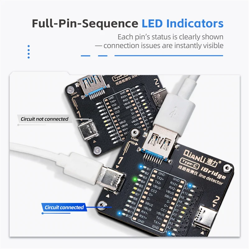 Qianli IBridge Type-C Circuit Tester Fully Supports C to C and C to A Cable Testing Instrument Full-Pin-Sequence LED Indicator
